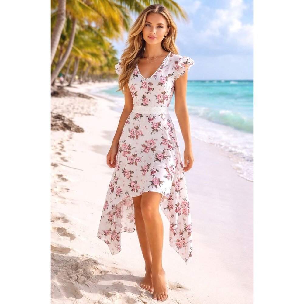Cupshe Size L Ivory Pink Floral Lace Waist High Low Handkerchief Midi Dress Boho - Picture 1 of 11
